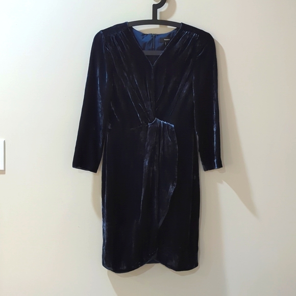 THEORY Blue Velvet Silk Blend Surplice Dress - Picture 2 of 5